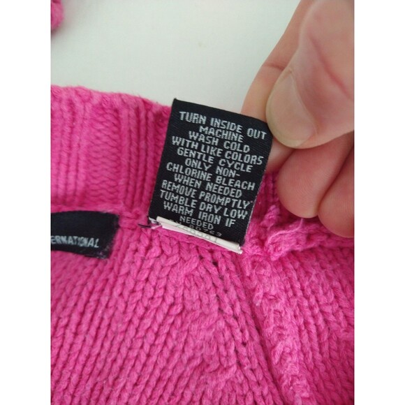 VTG Moda Intl Sweater size Med PINK Med Cable Fisherman Cardigan chore pockets - Picture 6 of 13